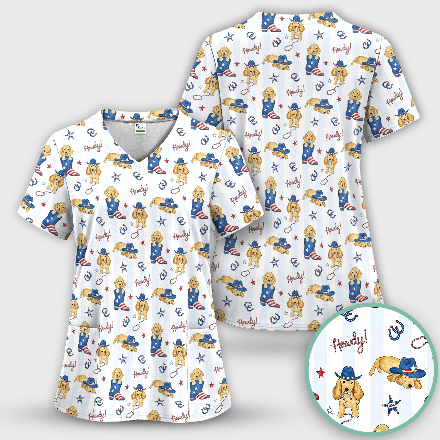 Patriotic Howdy Golden Dog Western Pattern Scrub Set, Scrub Pants and V Neck Top