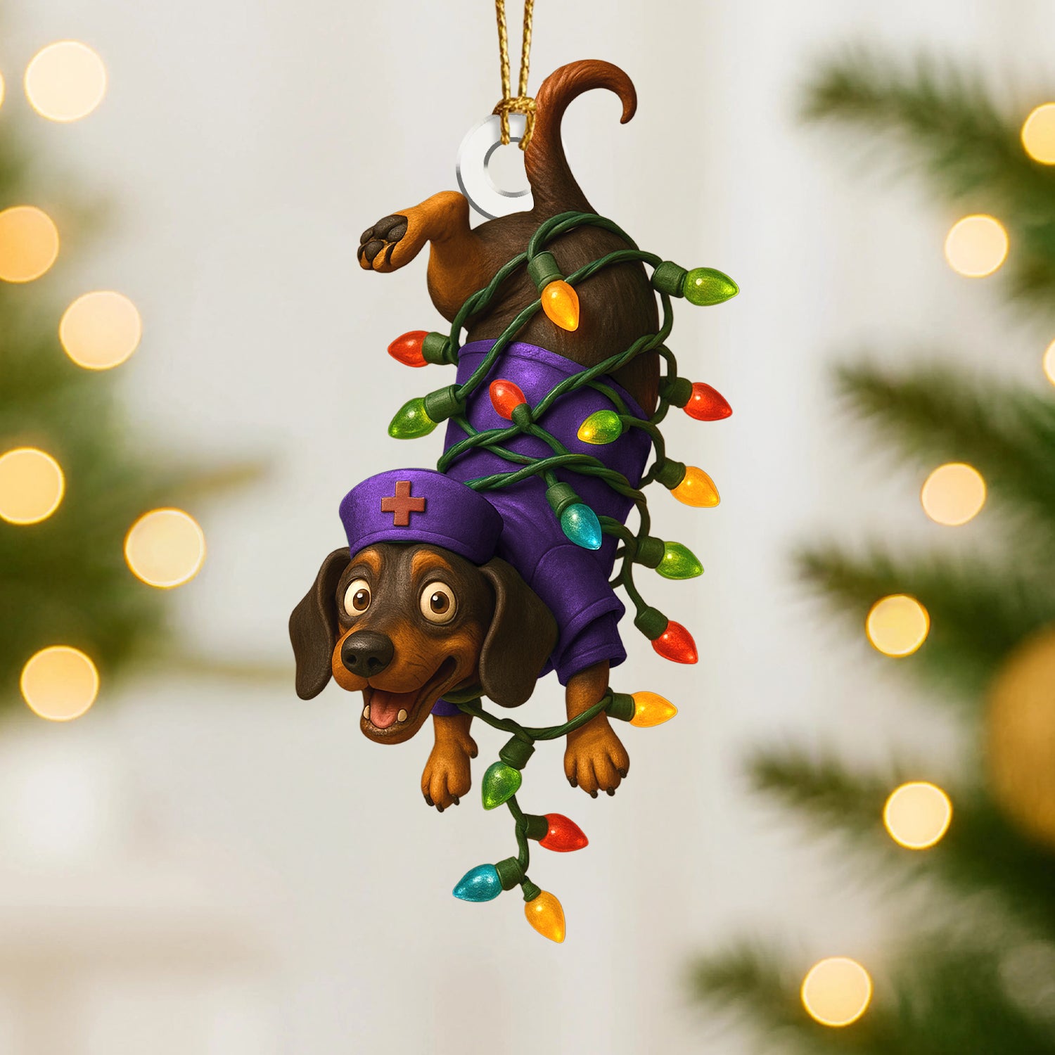 Personalized Nurse Dachshund Ornament, Funny Wiener Dog Christmas Ornament With Lights, Custom Medical Ornament for RN, LPN, CNA Gift