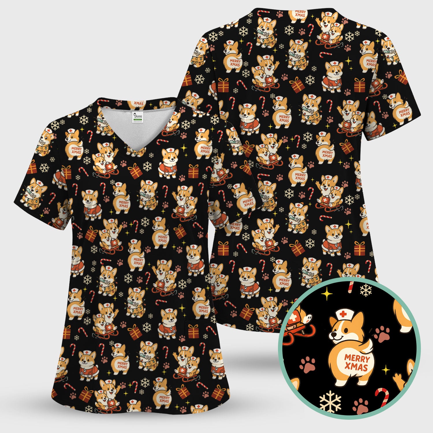 Christmas Corgi Scrubs Set for Women - Fun Corgi Christmas Pattern Nurse Scrubs Top and Pants - Festive Holiday Scrubs for CNA LPN RN