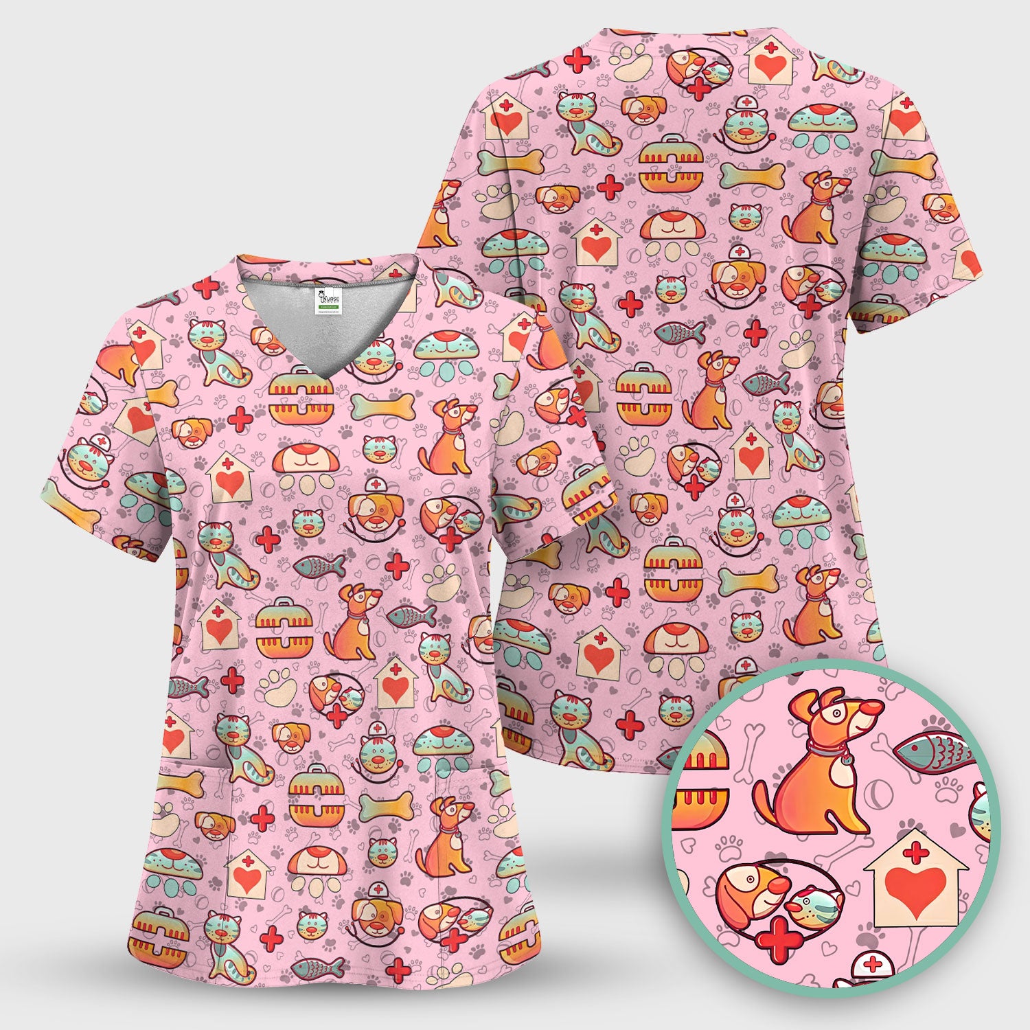 Veterinary Nurse Scrub Top - Cute Cat Dog Paw Print Medical Shirt - Fun Animal Pattern Vet Tech Scrubs for Women RN CNA