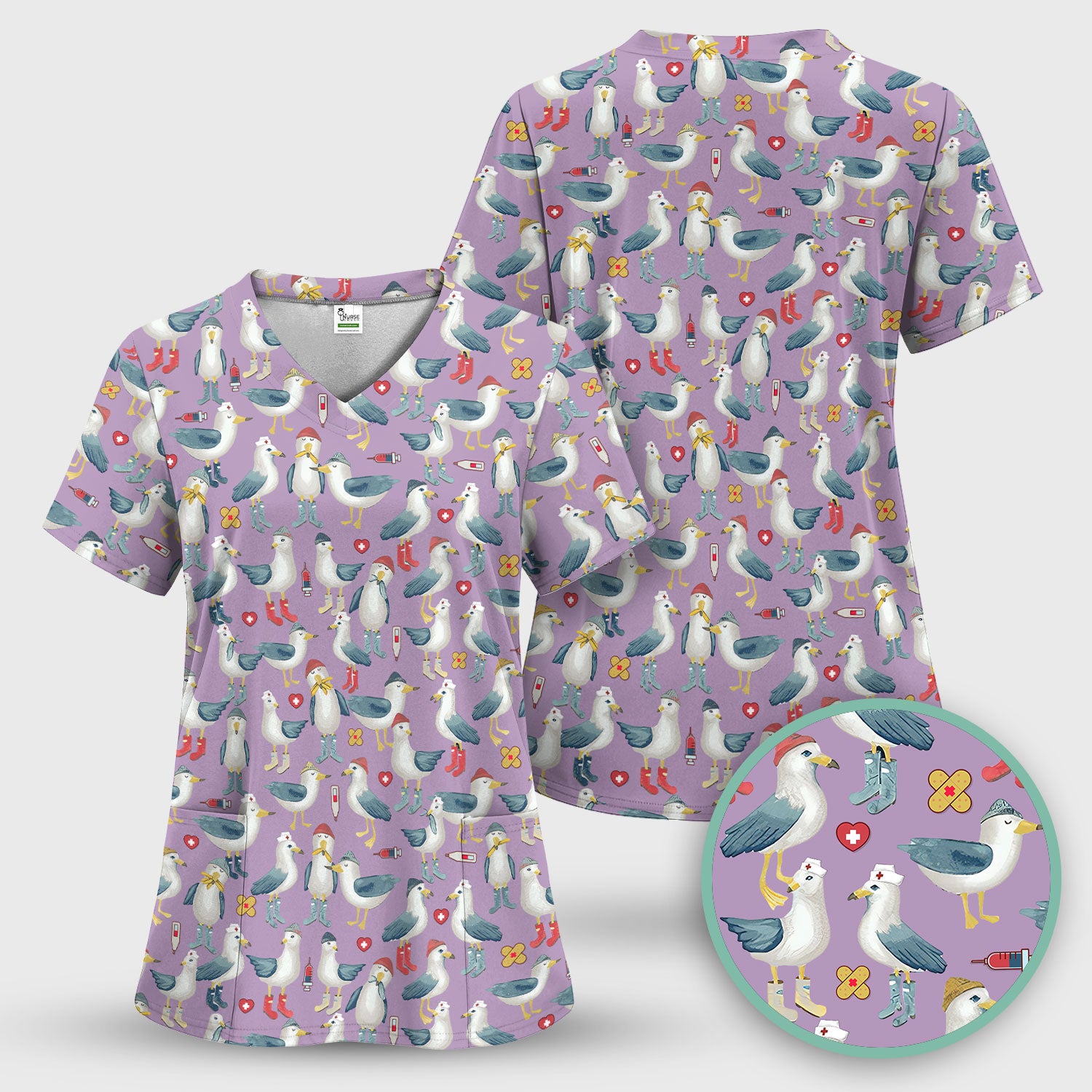 Funny Seagull Nurse Scrub Top - Cute Bird with Medical Icons - Comfortable Scrubs for Women