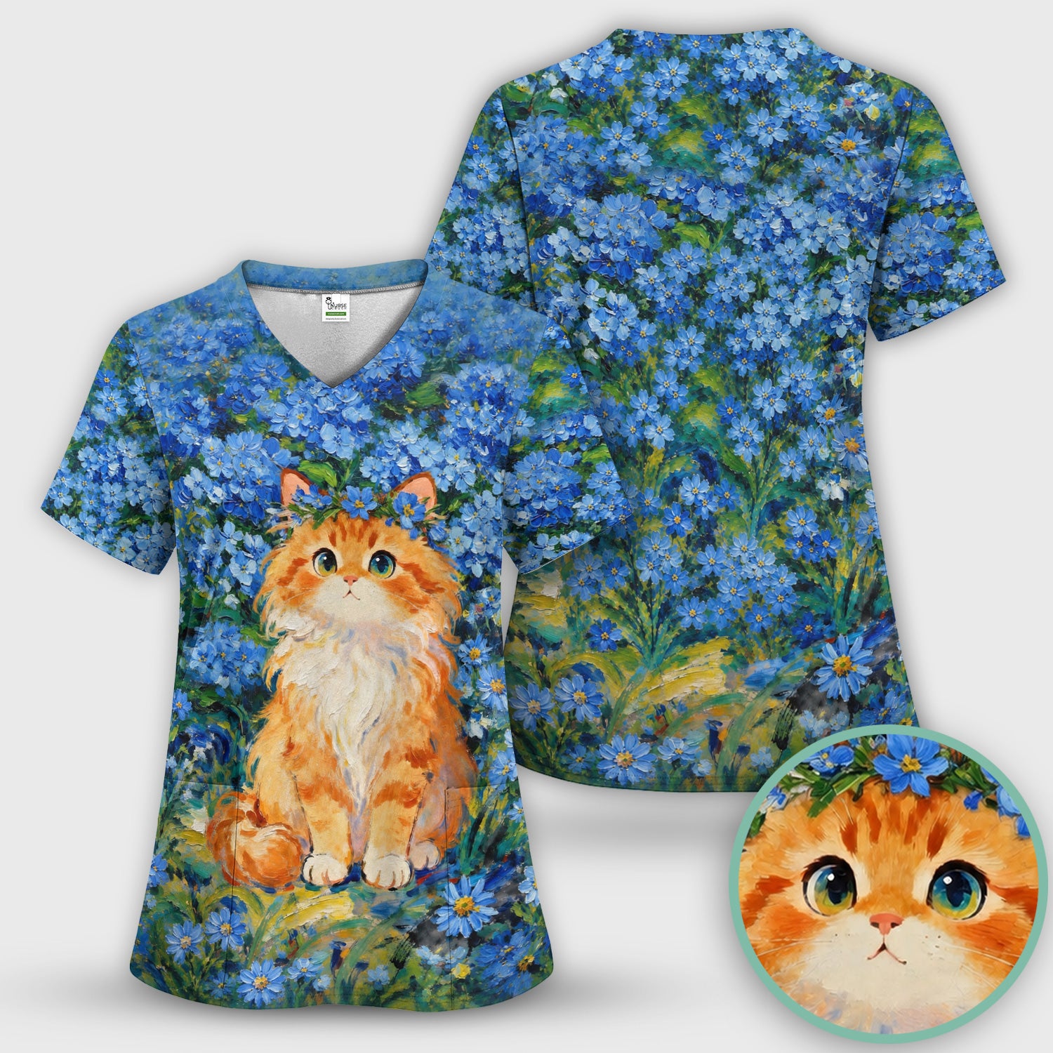 Cute Blue Floral Cat Nurse for Pediatric Nurses, RN, CNA, Pet Lover Medical Scrub Set, Scrub Pants and V Neck Top