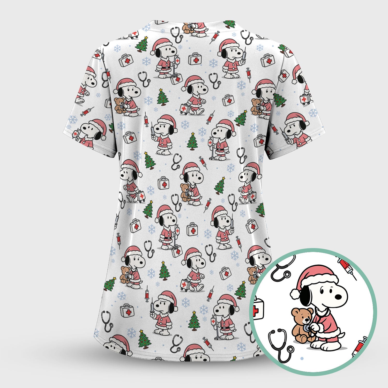 Snoopy Christmas Nurse Scrub Top for Women - Cute Cartoon Holiday Medical Uniform with Pockets - Nursing Gift for RN CNA LPN