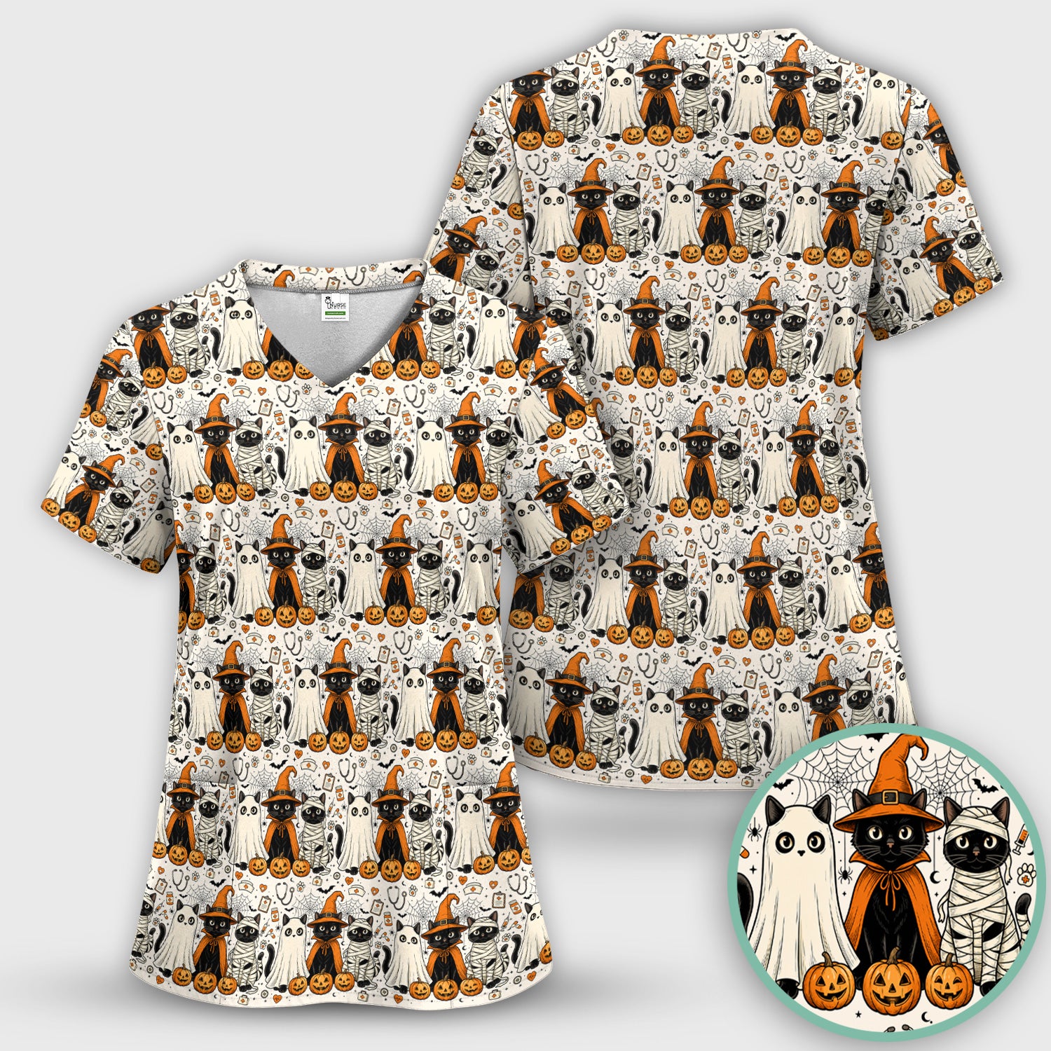 Spooky Halloween Costume Cats Scrub Top, Comfortable Scrubs for Nurses
