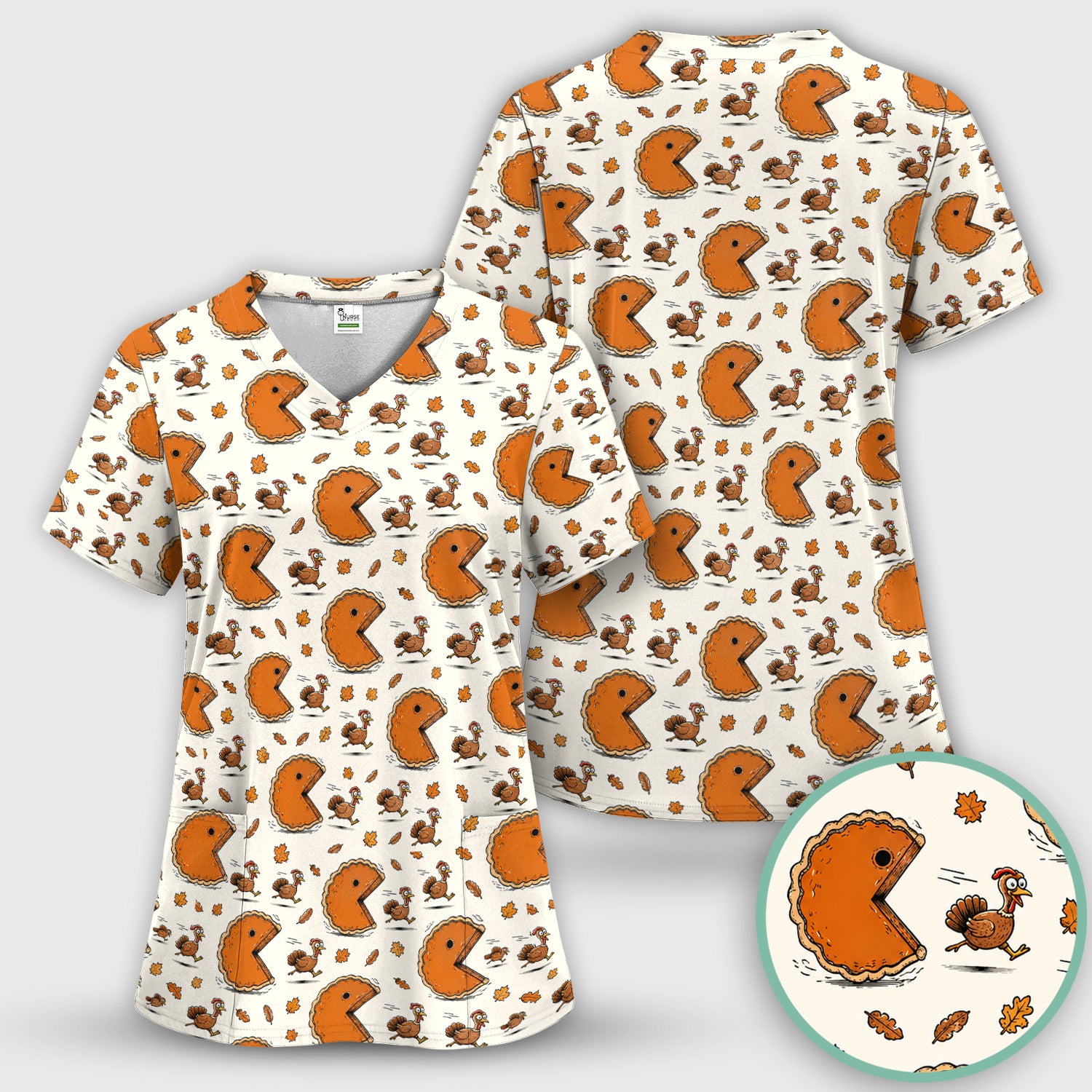 Thanksgiving Pie Chasing Turkey Scrub Set, Scrub Pants and V Neck Top