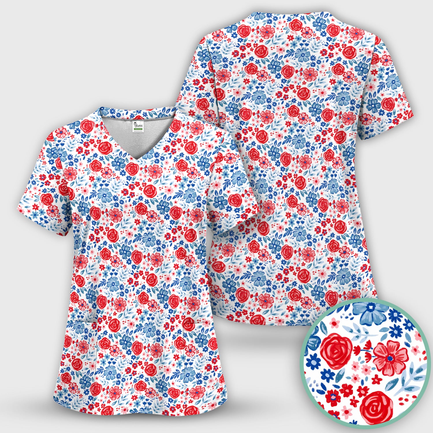 Red Blue Floral Garden Blossom Pattern Scrub Set, Scrub Pants and V Neck Top