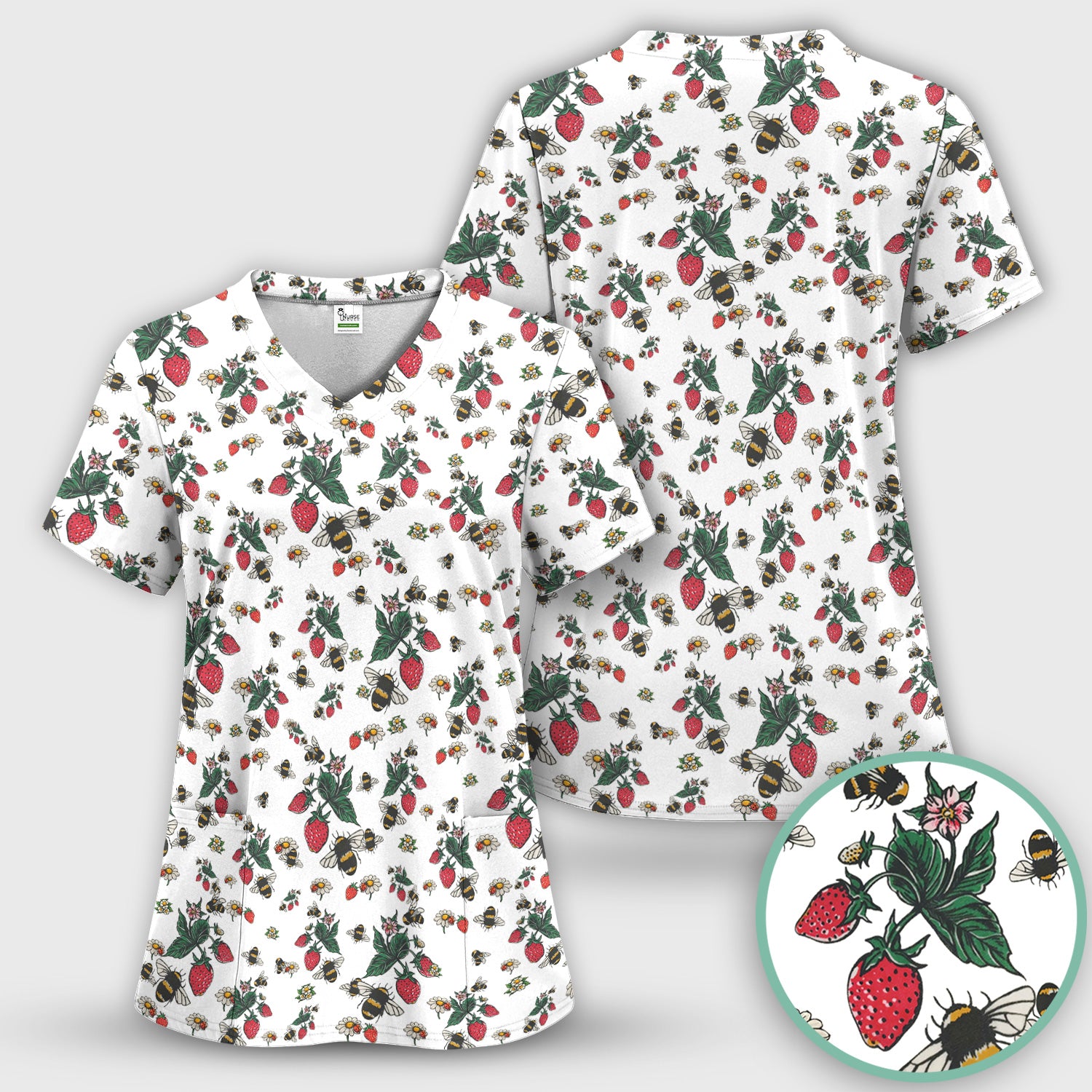 Cute Strawberry Bee Daisy Floral Pattern Scrub Set, Scrub Pants and V Neck Top