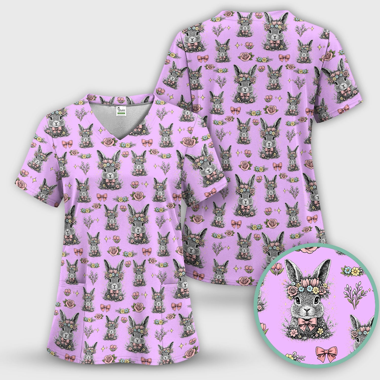 Vintage Floral Bunny Print Scrub Set, Scrub Pants and V Neck Top