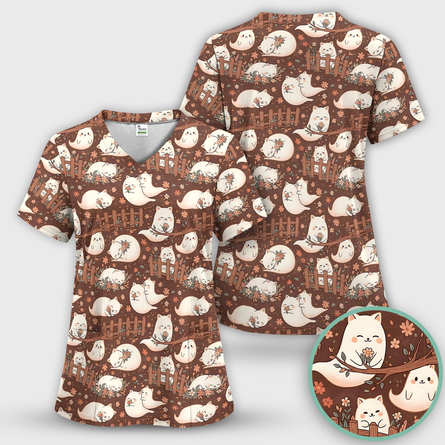 Floral Cat with Garden Fence Print Scrub Set, Scrub Pants and V Neck Top