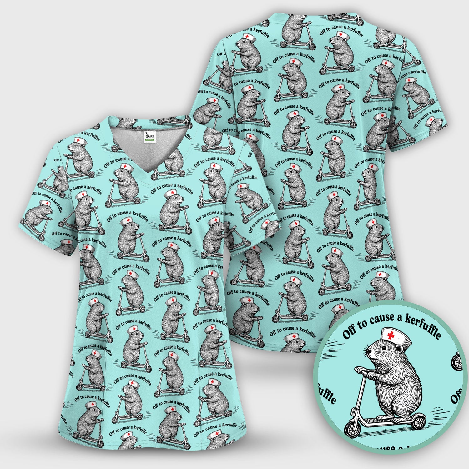 Funny Nurse Mouse Scooter Print Scrub Top, Comfortable Scrubs for Nurses