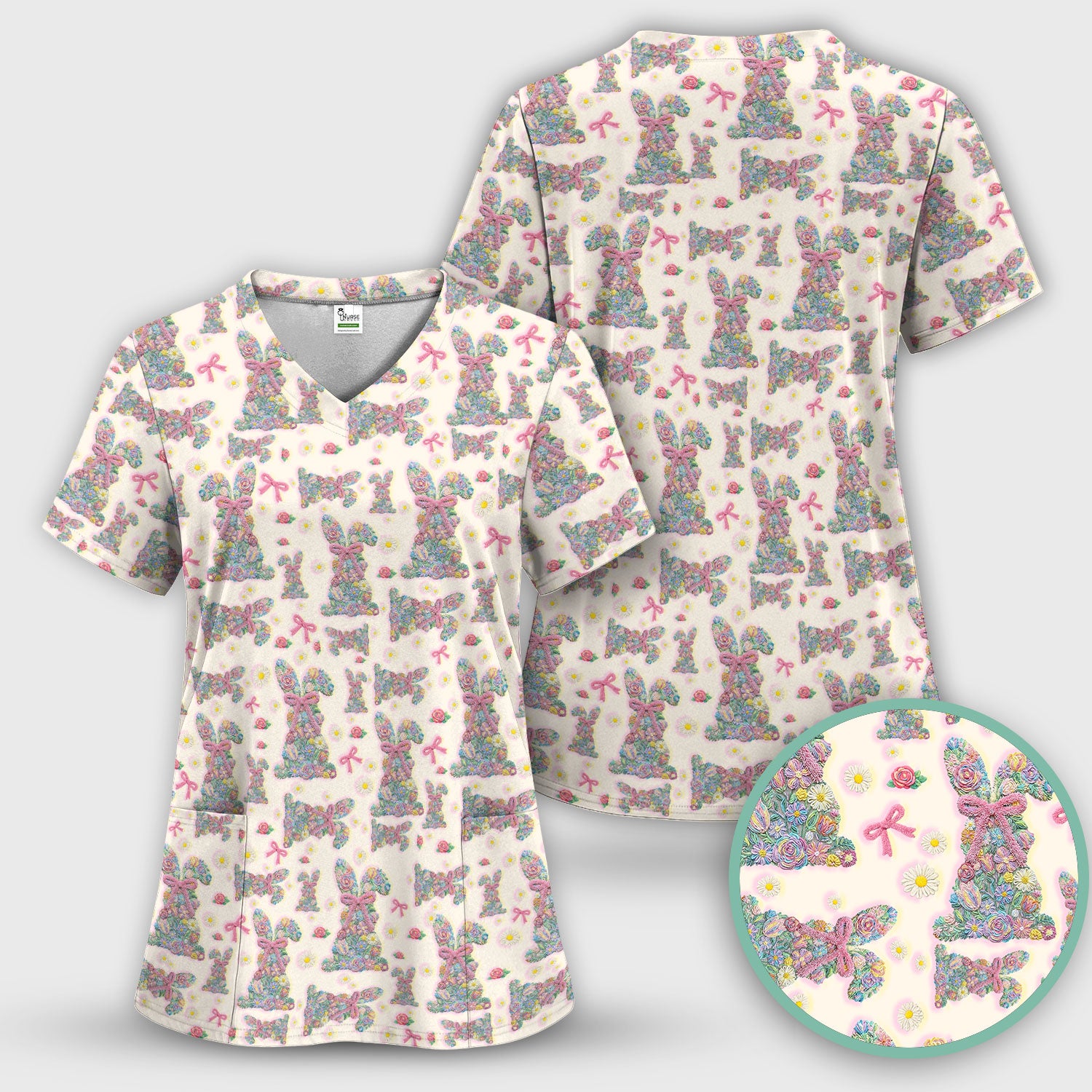 Colorful Floral Bunny with Pink Bow Pattern Scrub Top, Breathable Fabrics Nursing Uniform, Easter