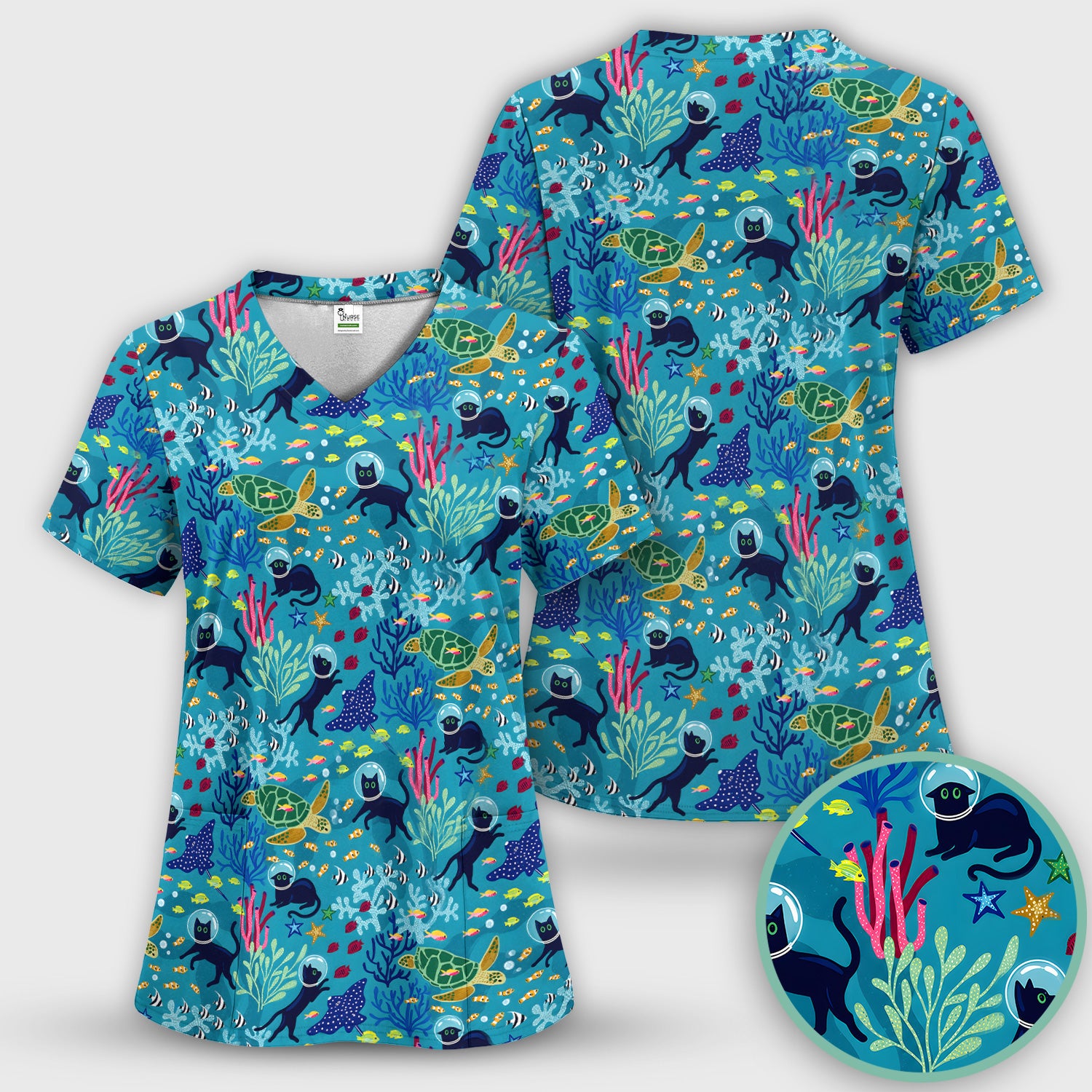 Underwater Cat Turtle Veterinary Pattern Scrub Set, Scrub Pants and V Neck Top