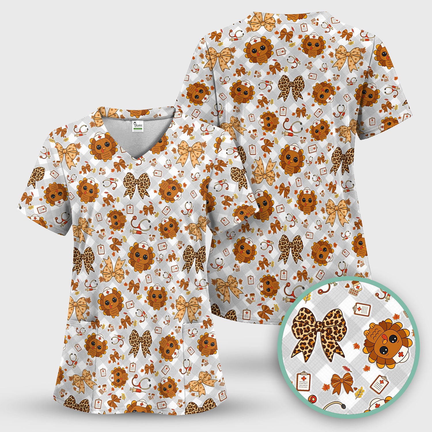 Thanksgiving Turkey Scrub Top for Nurses - Cute Fall Leaves and Bow Shirt - Funny Autumn Nursing Gift for Women RN LPN CNA