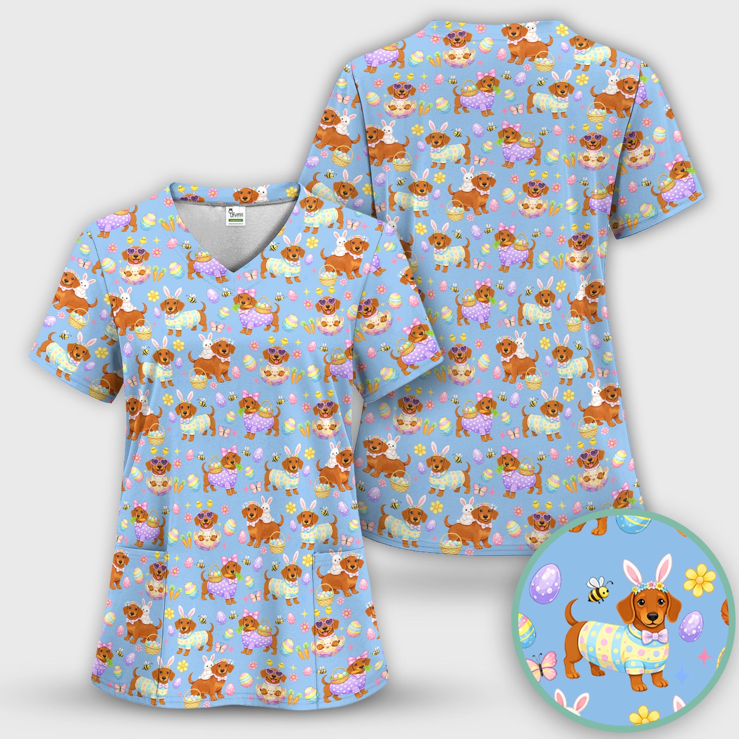 Cute Easter Dachshund Dog Pattern Scrub Top, Breathable Healthcare Uniform Top
