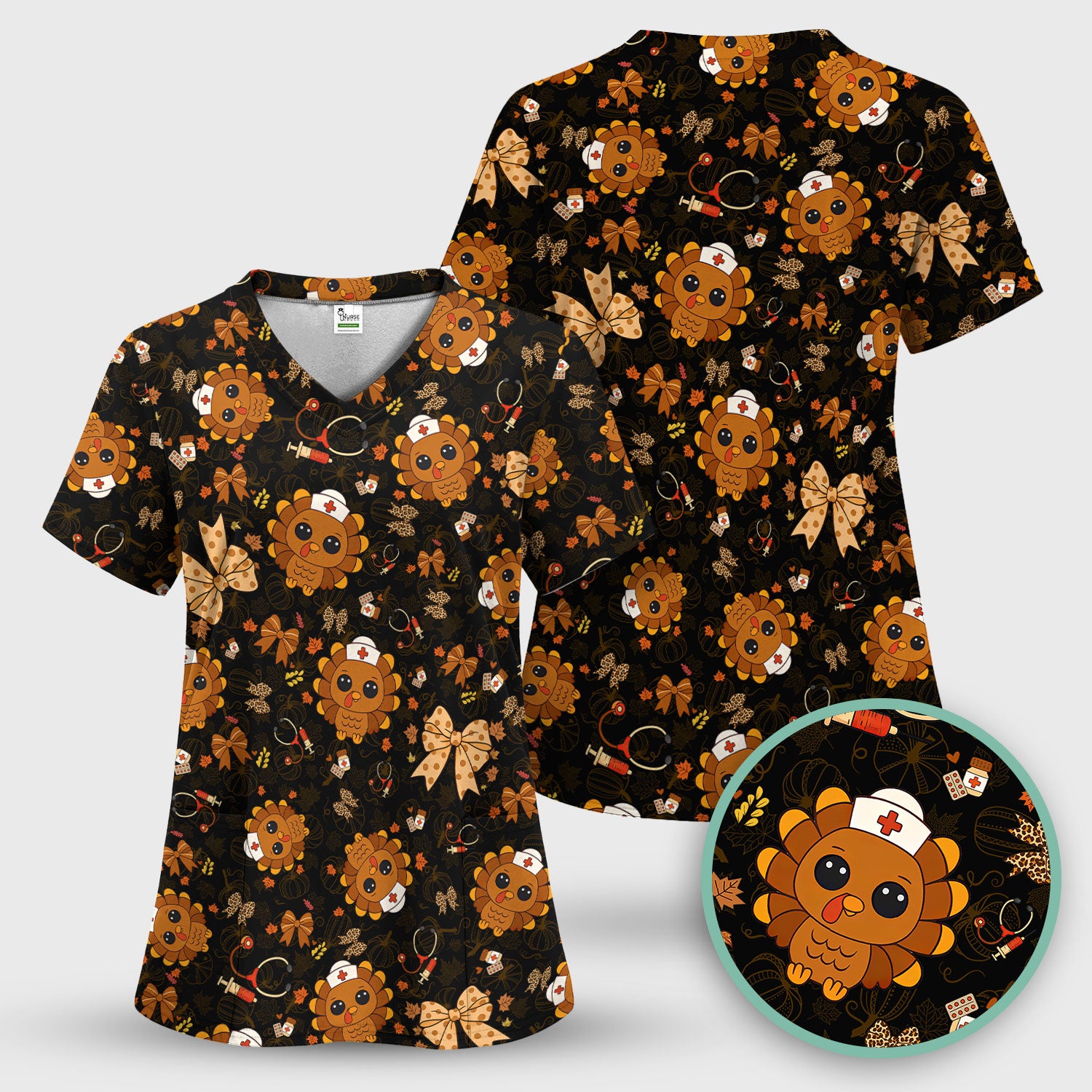 Thanksgiving Turkey Scrub for Nurses - Breathable Fabrics Nursing Uniform - Autumn Med Shirt Gift for Women