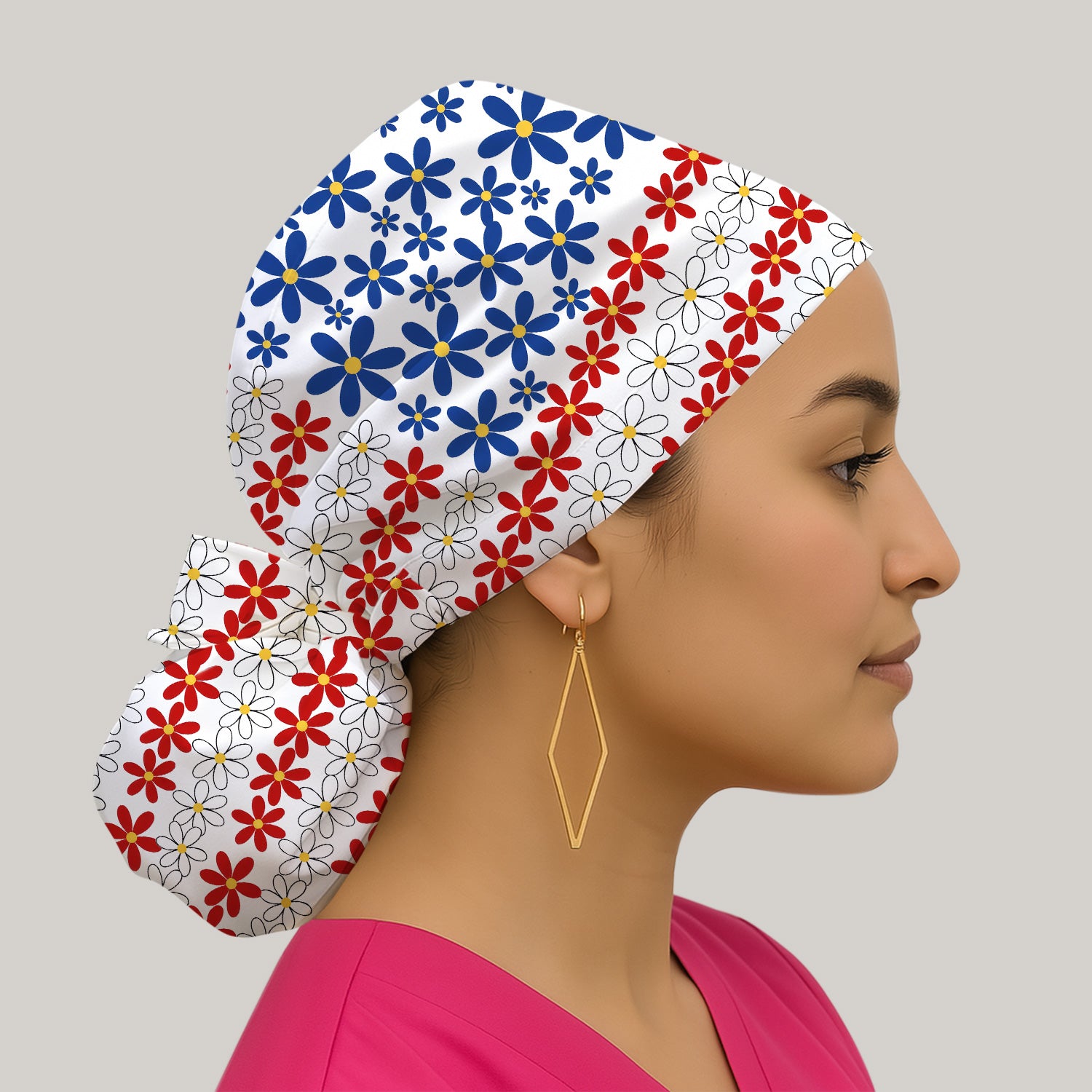Retro Red Blue Daisy Stripe Pattern Scrub Cap, Surgical Caps for Doctors