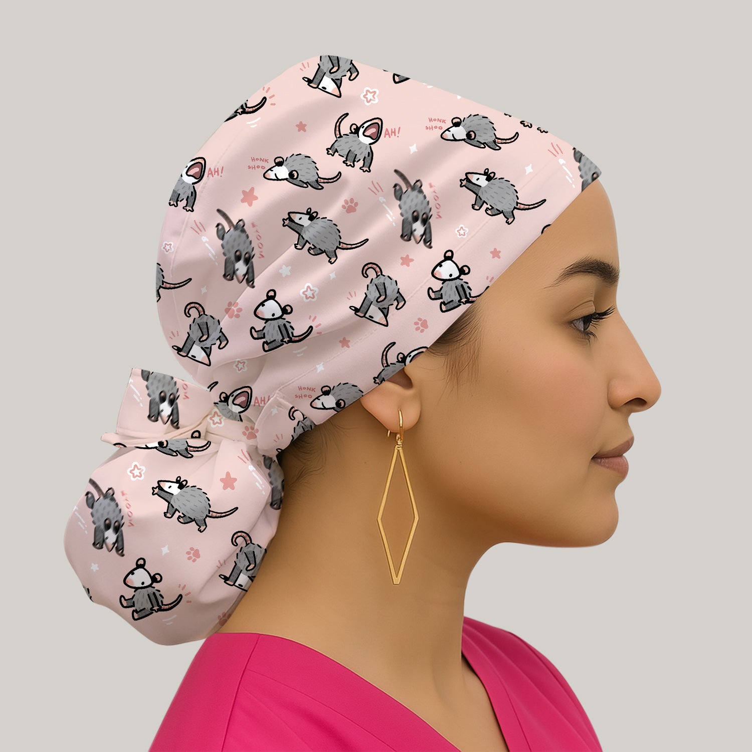 Playful Cartoon Opossum Character Pattern Cap, Bouffant Scrub Caps for Women