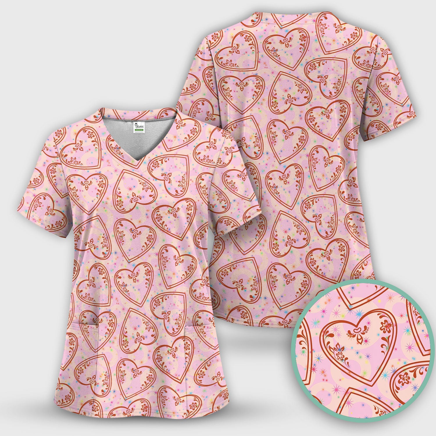 Valentine Heart Scrub Set For Women, Hearts Pattern Nurse Shirt, Comfortable Scrubs For Nursing