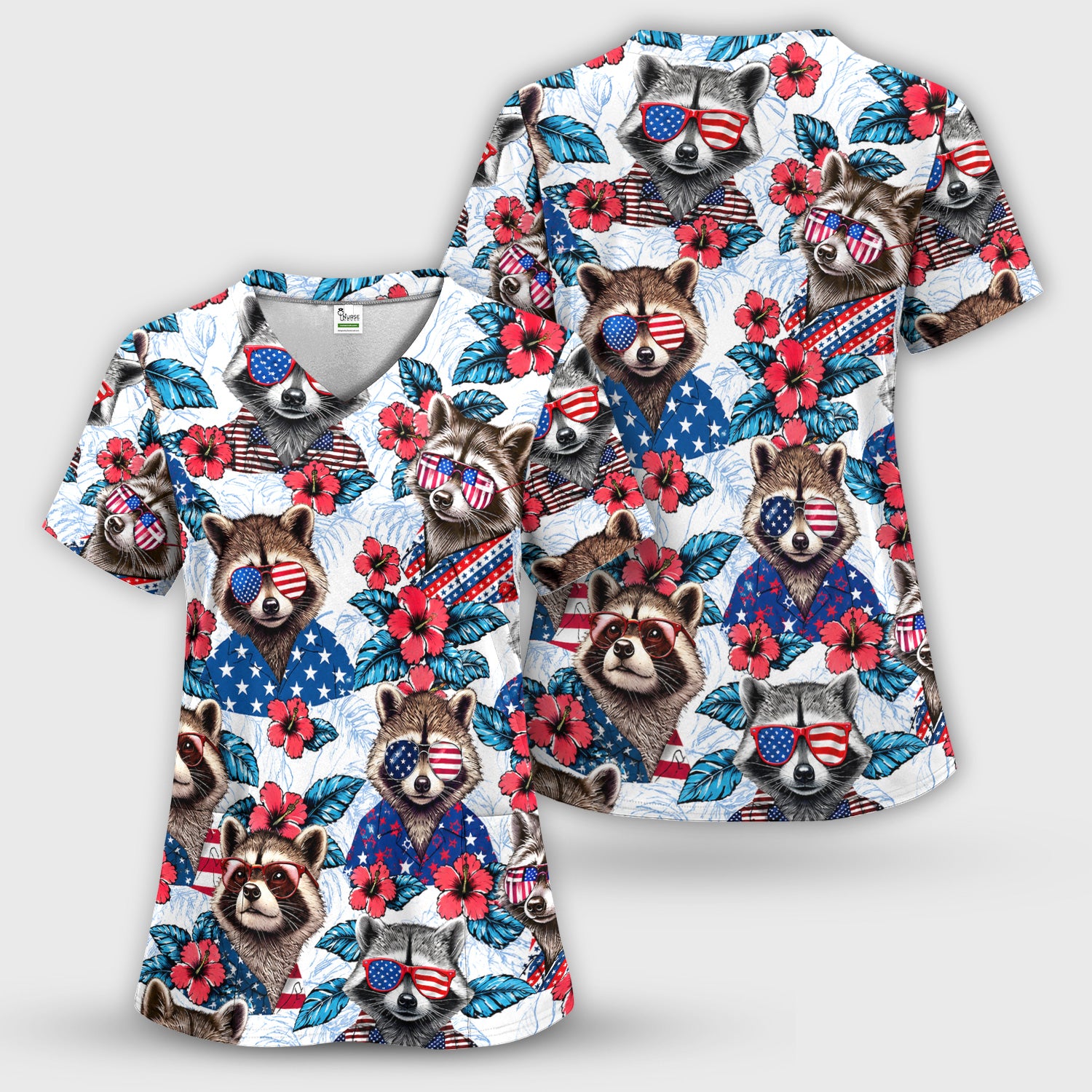 Funny Patriotic Raccoon Sunglasses Pattern Scrub Set, Scrub Pants and V Neck Top