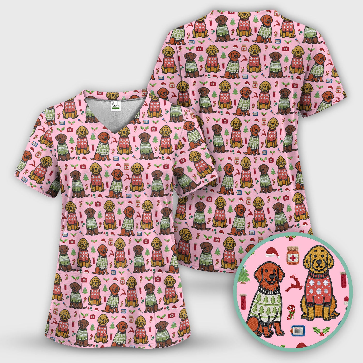 Golden Retriever Christmas Scrub Top, Cute Holiday Dog Nurse Pattern Shirt, Breathable Fabrics Nursing Uniform