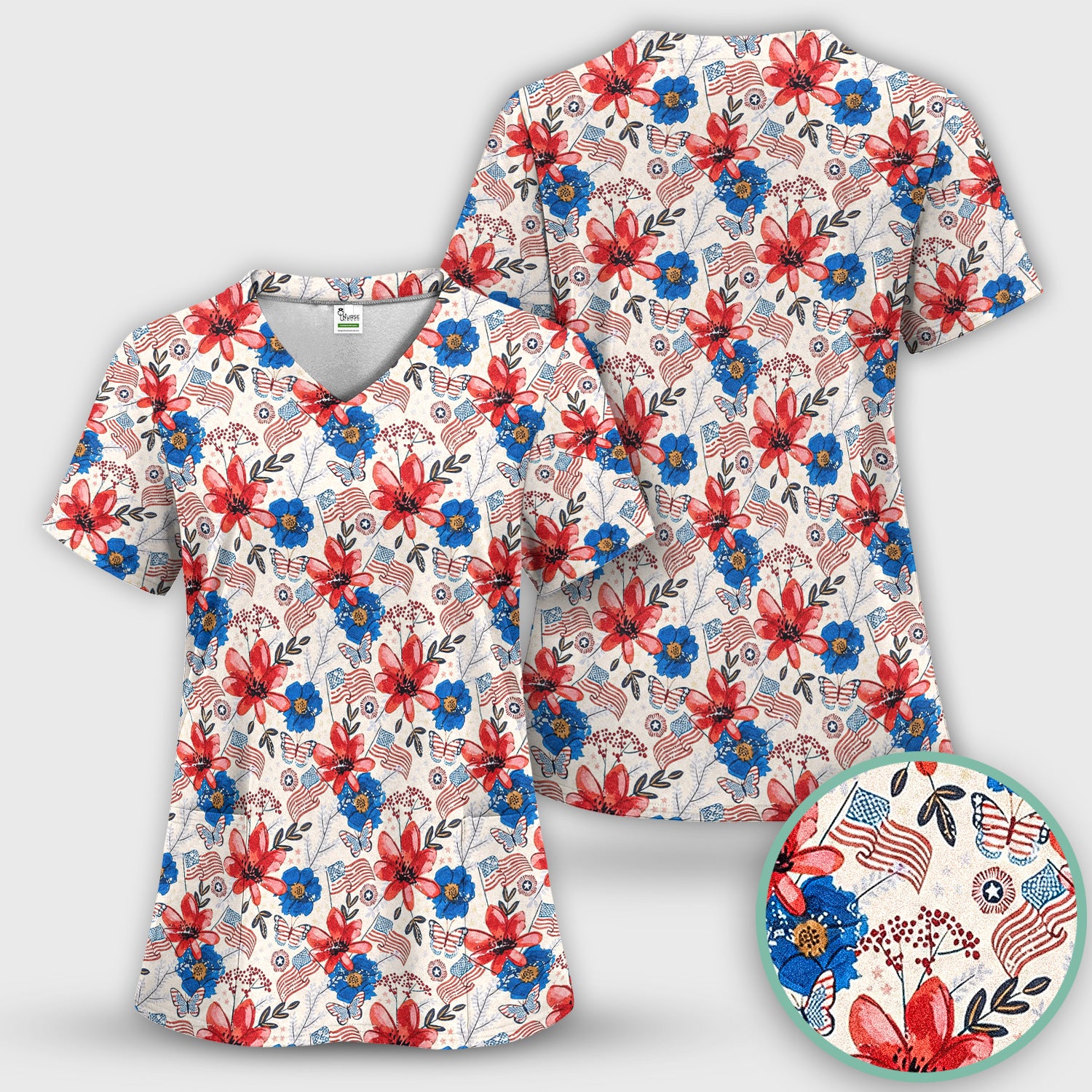 Patriotic Floral Flag Butterfly Pattern Scrub Set, Scrub Pants and V Neck Top