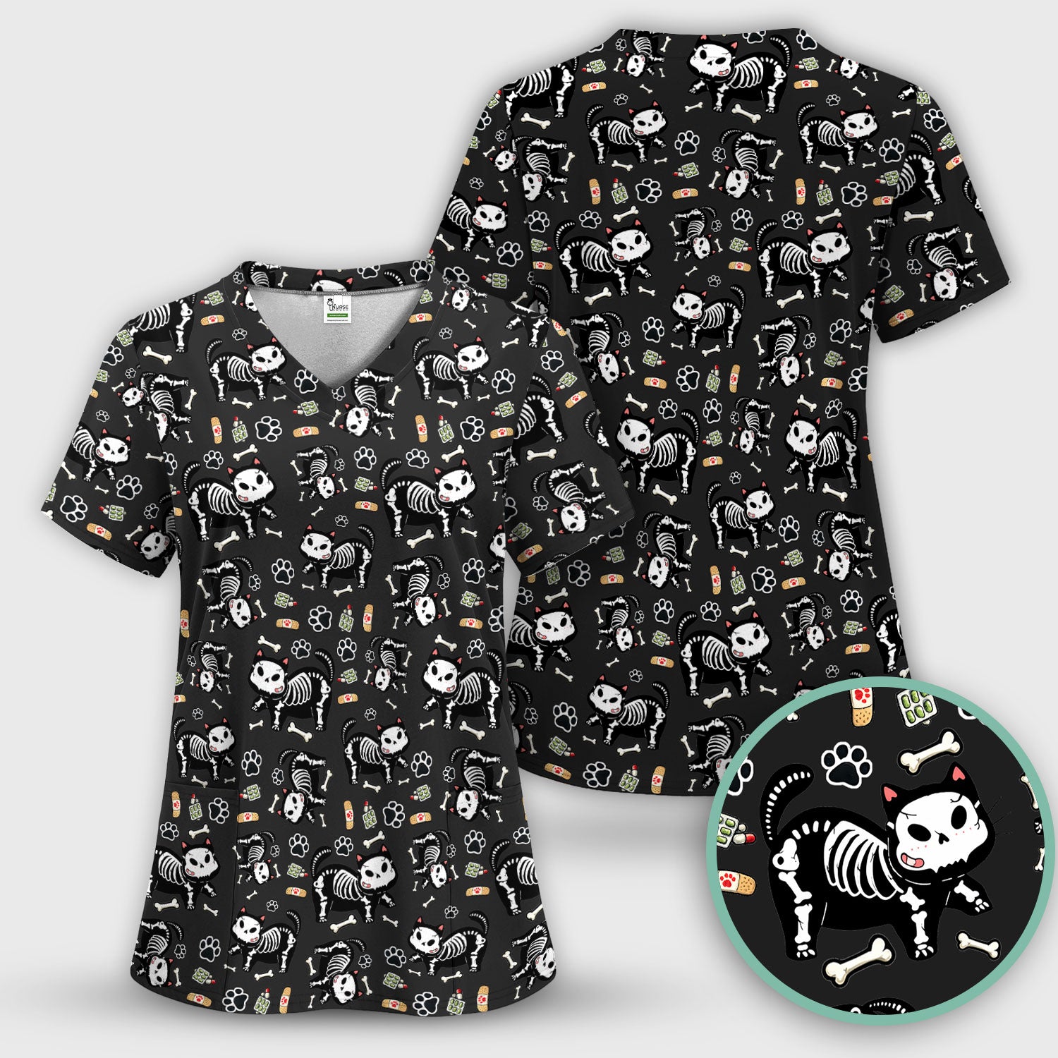 Skeleton Cat Medical Pattern Scrub Top, Comfortable Scrubs for Nurses