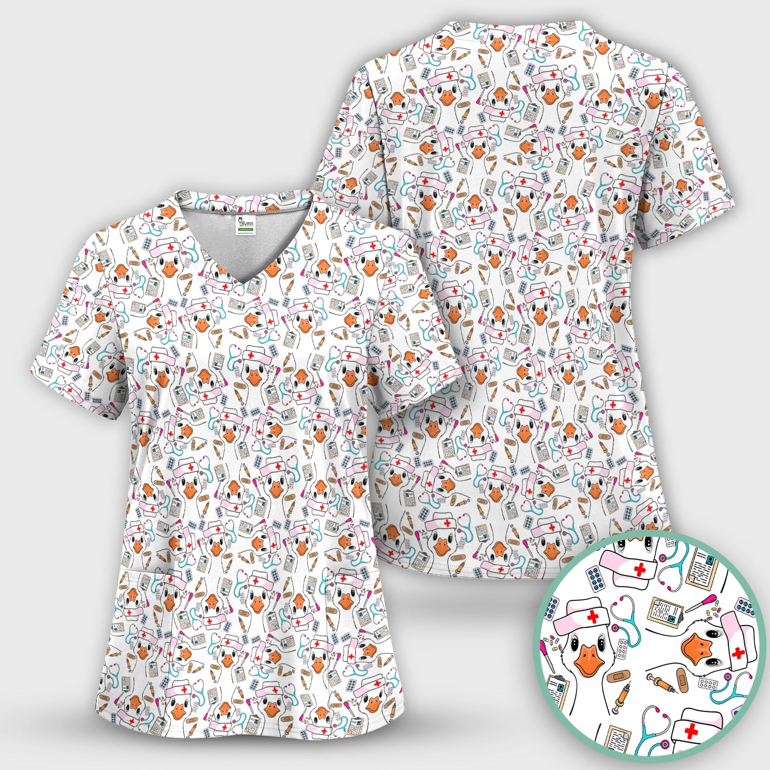 Duck Wearing Hat With Medical Tools Scrub Top, Breathable Fabrics Nursing Uniform