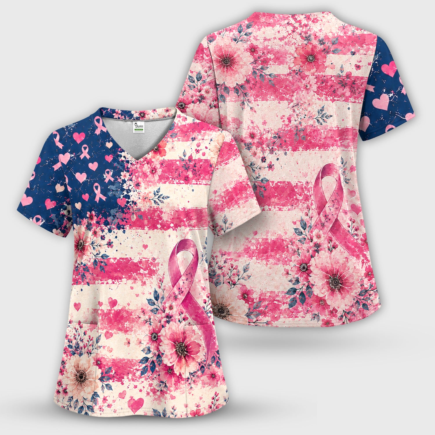 Breast Cancer Floral Flag Scrub Set, Scrub Pants and V Neck Top