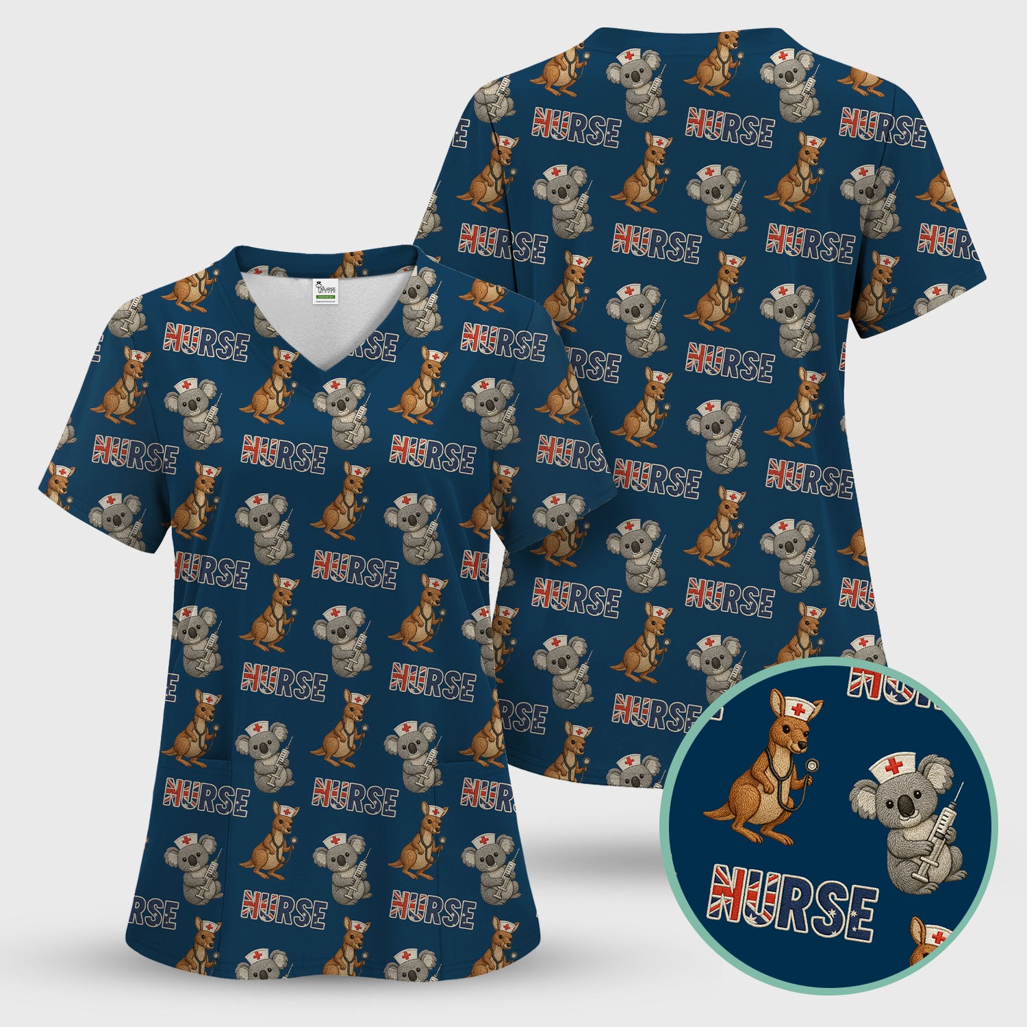 Cute Koala Kangaroo Scrub Top, Australian Nurse Pattern Shirt,  Breathable Fabrics Nursing Uniform