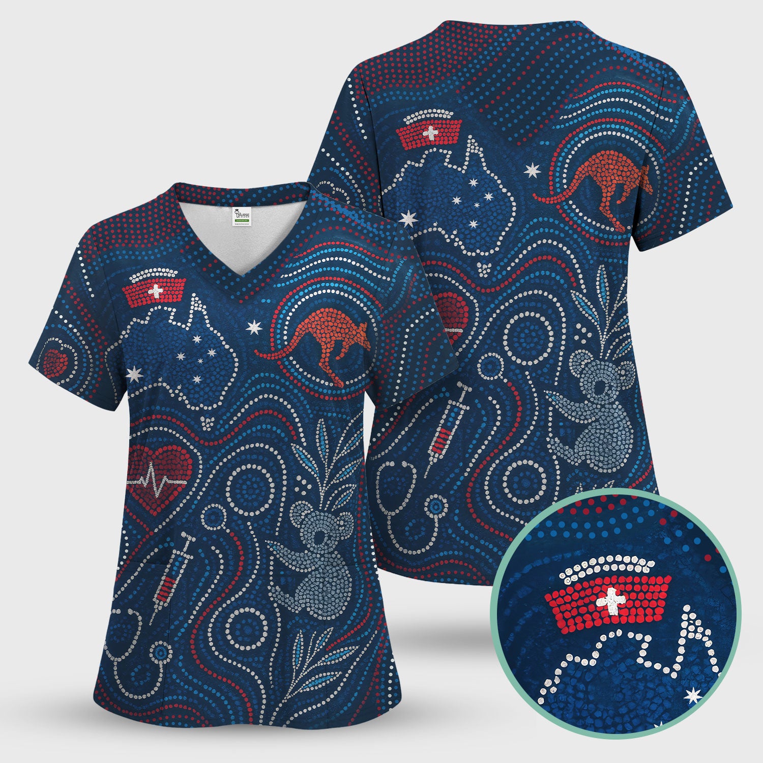 Aboriginal Dot Art Nurse Scrub Set, Australian Kangaroo With Koala Pattern Shirt,  Breathable Fabrics Nursing Uniform