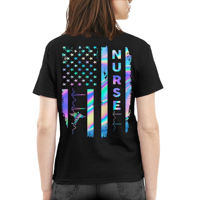 Nurse American Flag Shirt for Women – Holographic USA Stars Stripes with Heartbeat & Caduceus – Patriotic Gift for RN LPN CNA Healthcare Workers