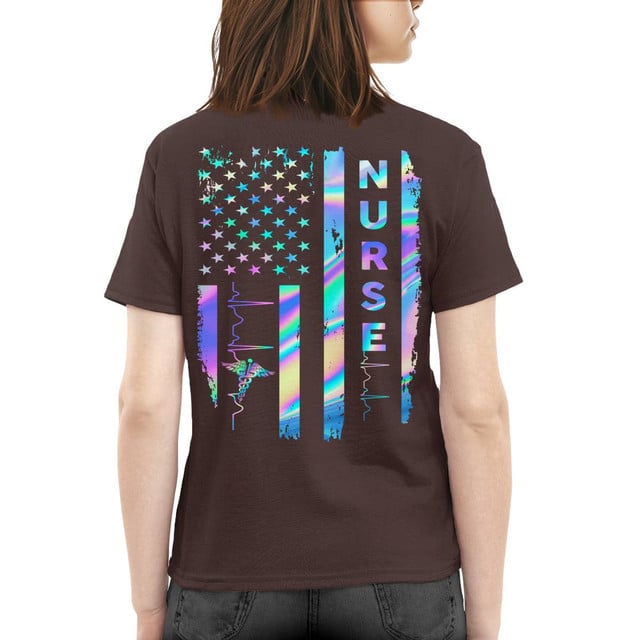Nurse American Flag Shirt for Women – Holographic USA Stars Stripes with Heartbeat & Caduceus – Patriotic Gift for RN LPN CNA Healthcare Workers