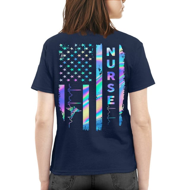 Nurse American Flag Shirt for Women – Holographic USA Stars Stripes with Heartbeat & Caduceus – Patriotic Gift for RN LPN CNA Healthcare Workers