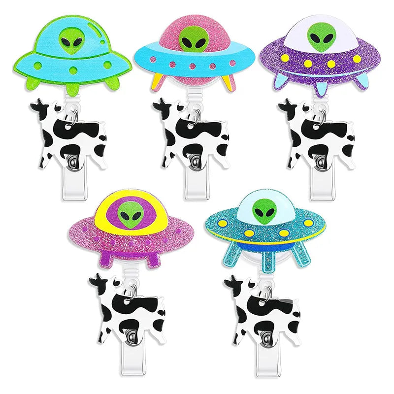 Funny UFO Cow Nurse Badge Reel, Cute Retractable ID Holder for Nurses LPN RN CNA ER, Alien Abduction Badge Clip