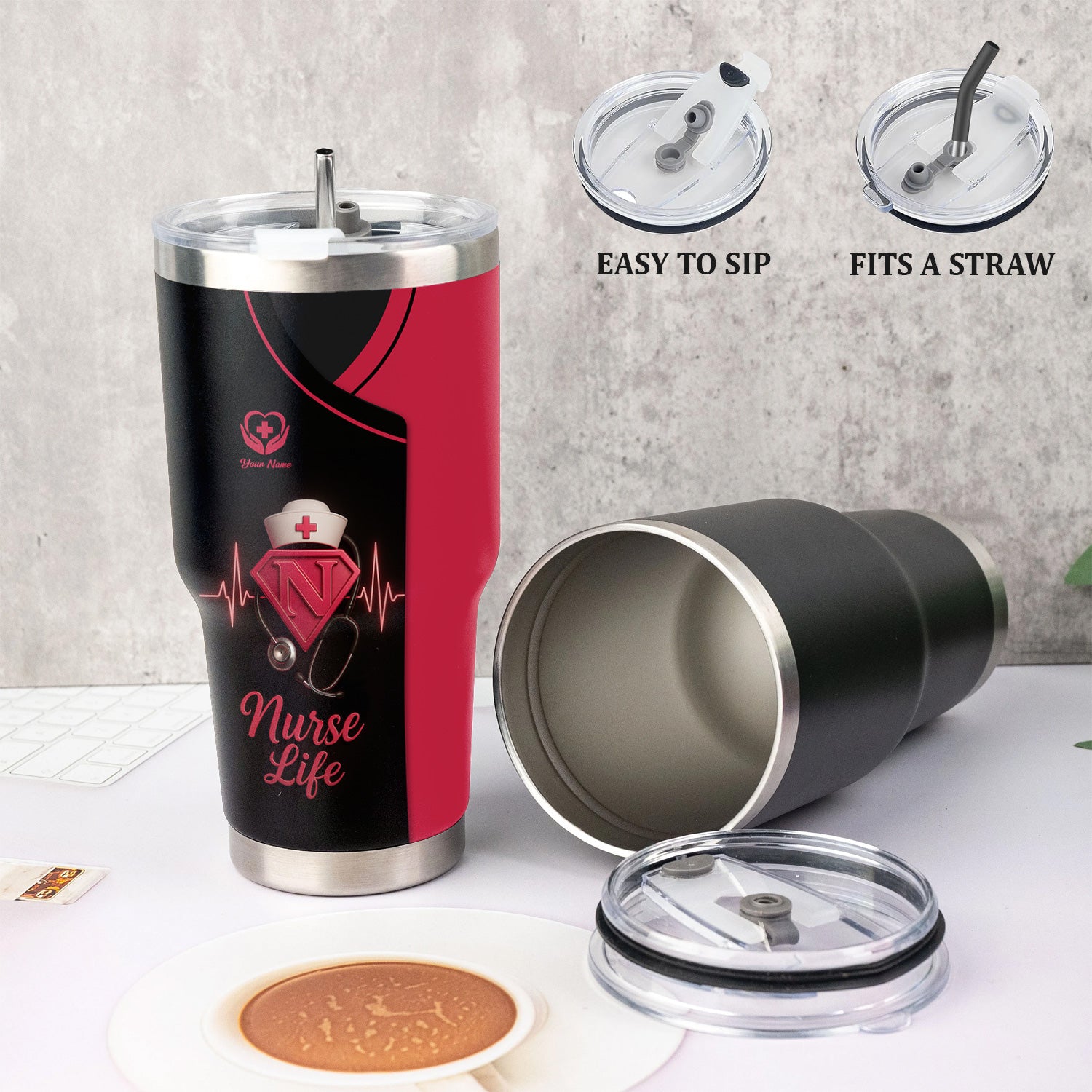 Nurse Superhero Tumbler - Personalized Nurse Life Gift with Stethoscope & Heartbeat Design - Custom Stainless Travel Cup for RN, LPN, CNALPN, CNA