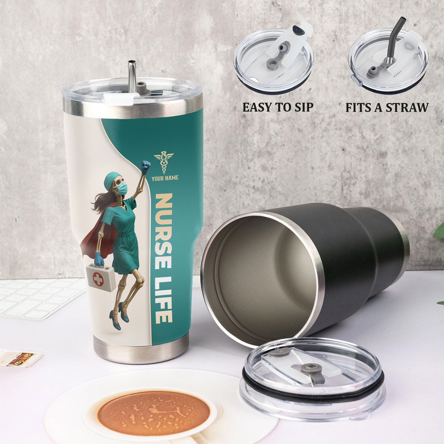 Nurse Superhero Tumbler - Personalized Skeleton Nurse Travel Mug - Custom Gift for RN, LPN, CNA