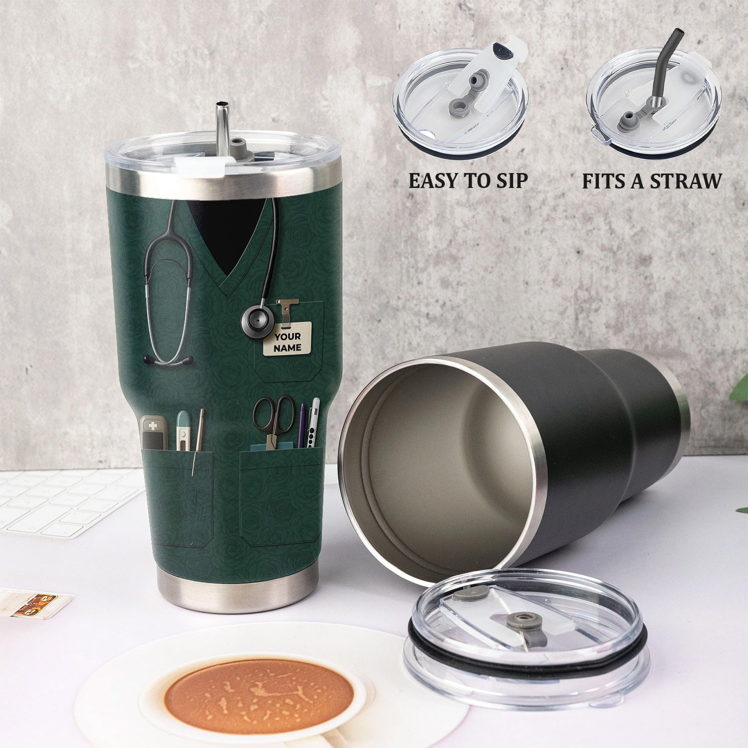 Custom Nurse Tumbler with Name - Green Scrubs Travel Mug with Medical Tools - Gift for RN CNA LPN Nursing Student