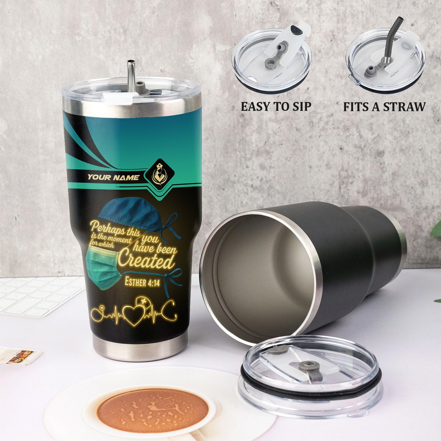 Custom Nurse Tumbler with Mask & Scripture - Perhaps You Were Created for This Moment - RN LPN CNA Gift