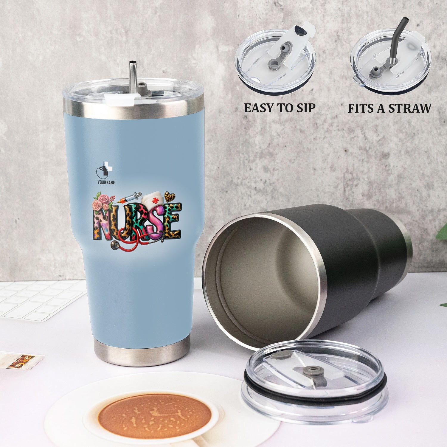 Custom Name Nurse Tumbler - Cute Leopard Lettering and Stethoscope Design - Gift for Registered Nurses CNA RN LPN - Stainless Steel Travel Mug for Healthcare Heroes