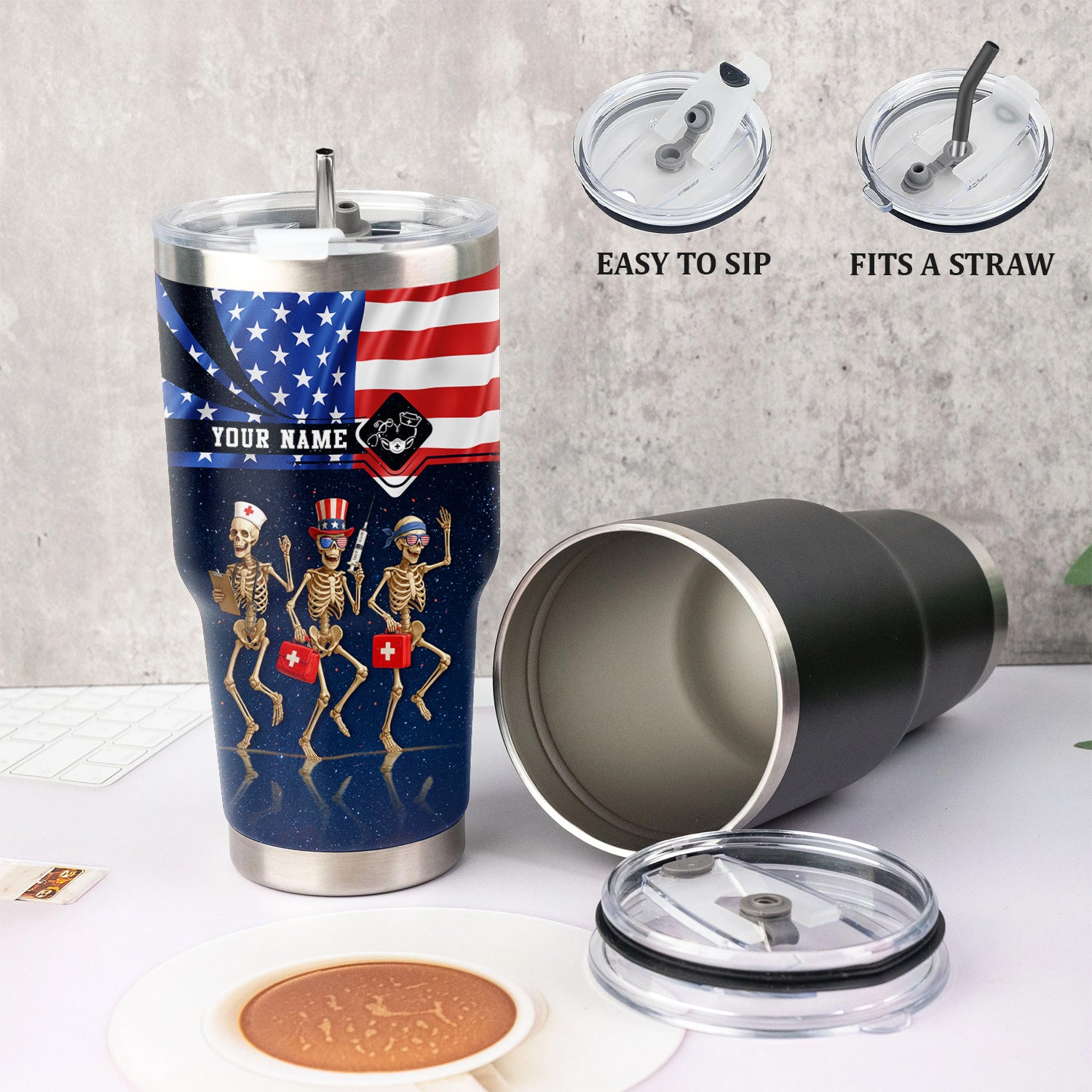 Personalized Skeleton Nurse Tumbler - 4th of July USA Flag Design - Funny Gift for RN LPN CNA Healthcare Workers