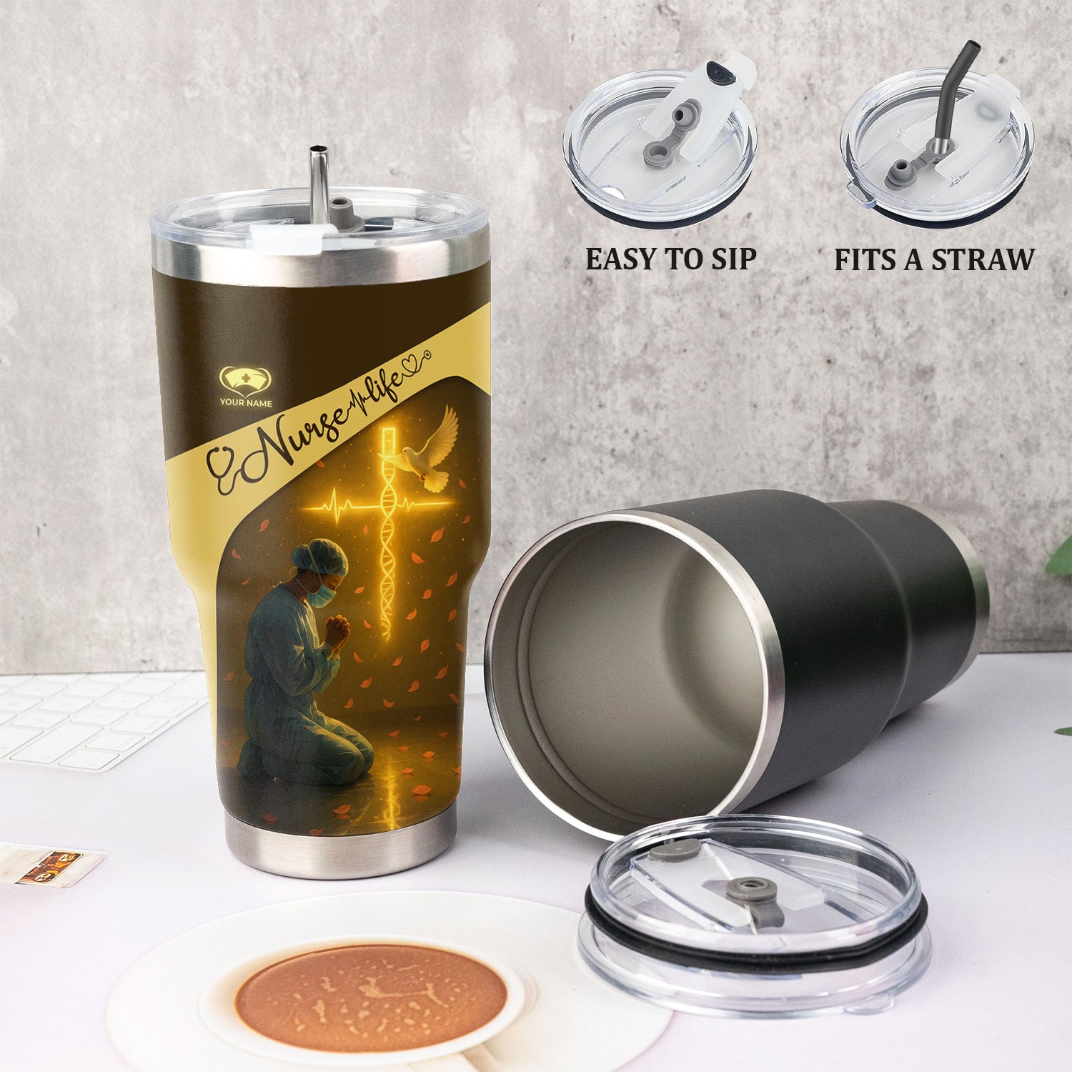 Christian Nurse Tumbler for RN LPN CNA - Personalized Prayer Design with Dove and Cross - Inspirational Gift for Women in Healthcare