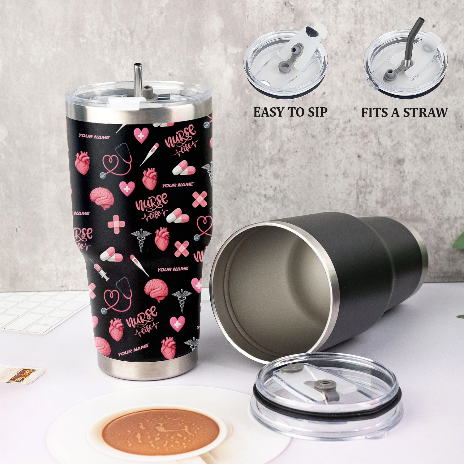 Custom Nurse Tumbler for Women - Nurse Life Design with Brain Heart Pill Graphics - Personalized Gift Idea for RN CNA LPN Healthcare Workers