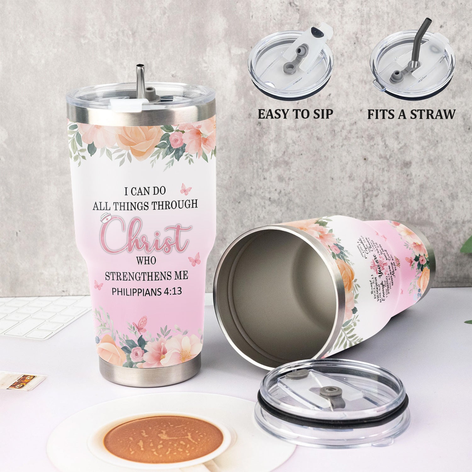 Floral Christian Nurse Tumbler - Inspirational Bible Verse Apparel - Gift for RN LPN CNA Healthcare Staff