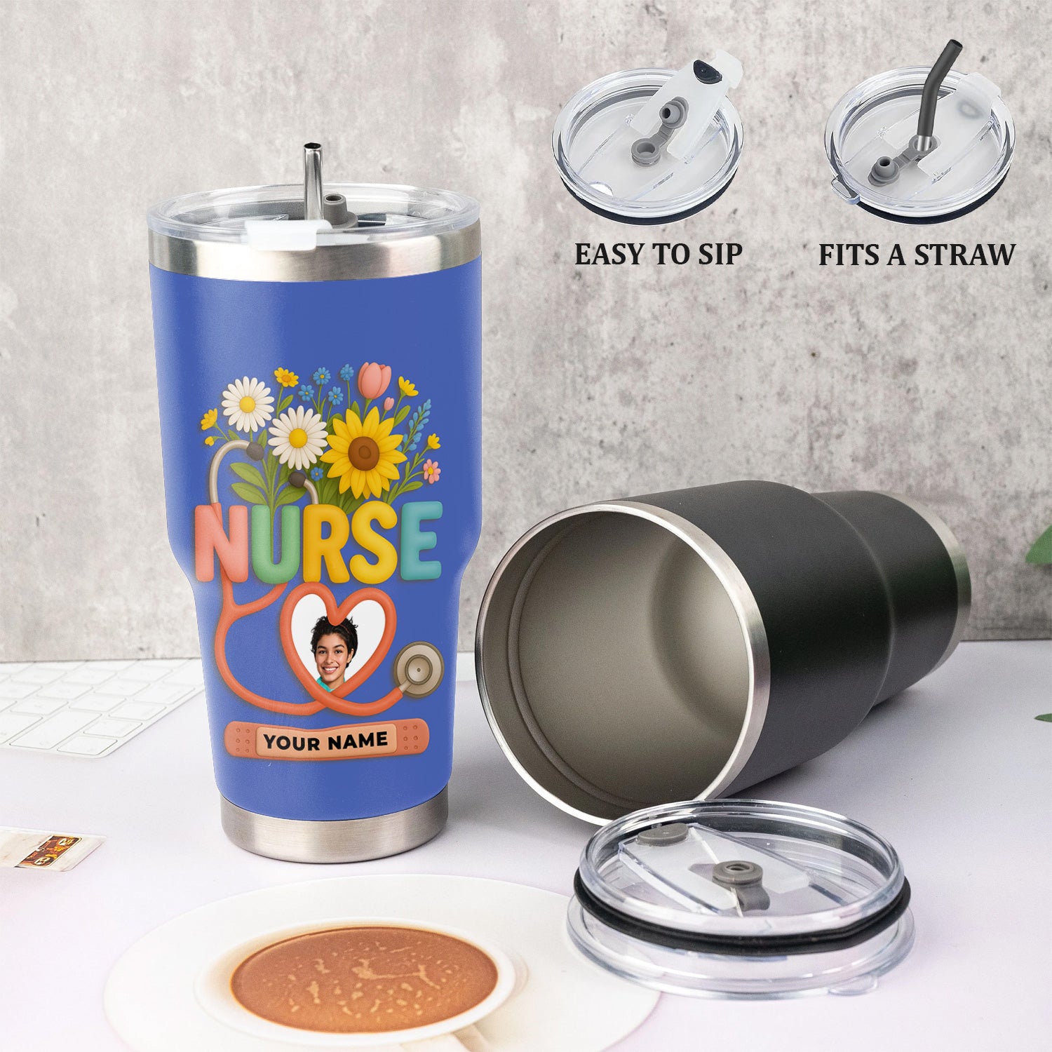 Personalized Thank You Nurse Tumbler - Nursing Is a Work of Heart with Floral Stethoscope Design - Meaningful Gift for RN CNA LPN