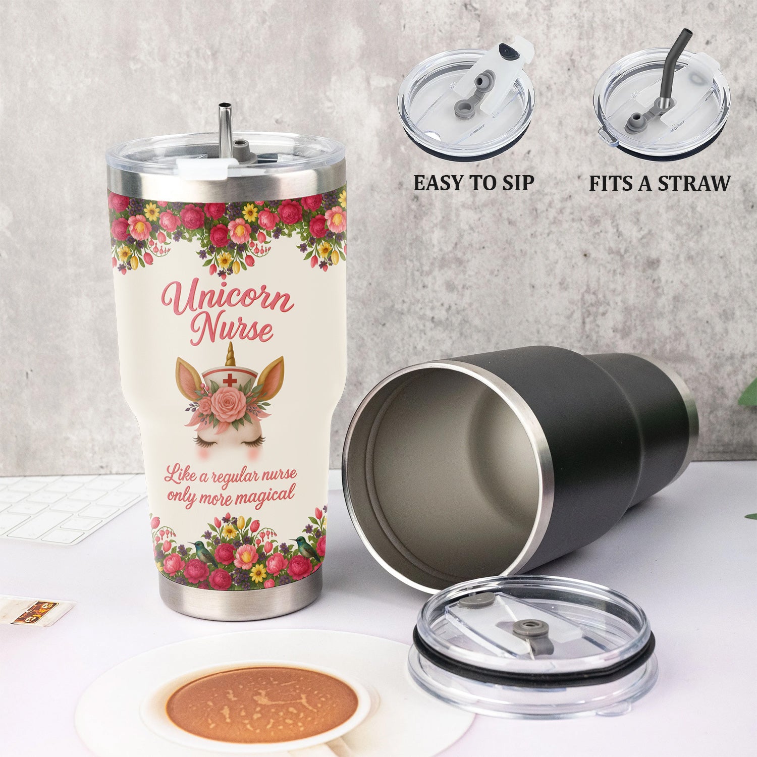 Thoughtful Nurse Gift for Healthcare Heroes - Personalized Magical Unicorn Nurse Floral Tumbler - Ideal for RN LPN CNA Nursing Teams