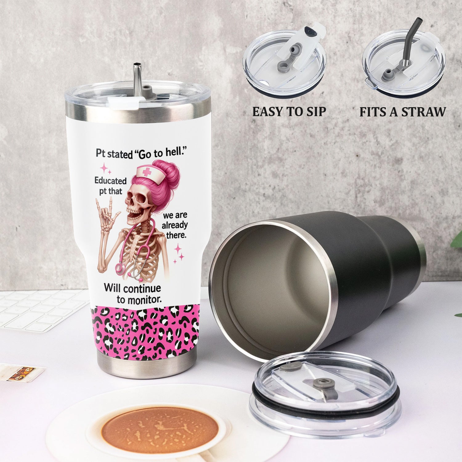 Hilarious Skeleton Nurse Tumbler - Pink Hair, Quote & Leopard Design - Personalized Gift for Sassy Nurses
