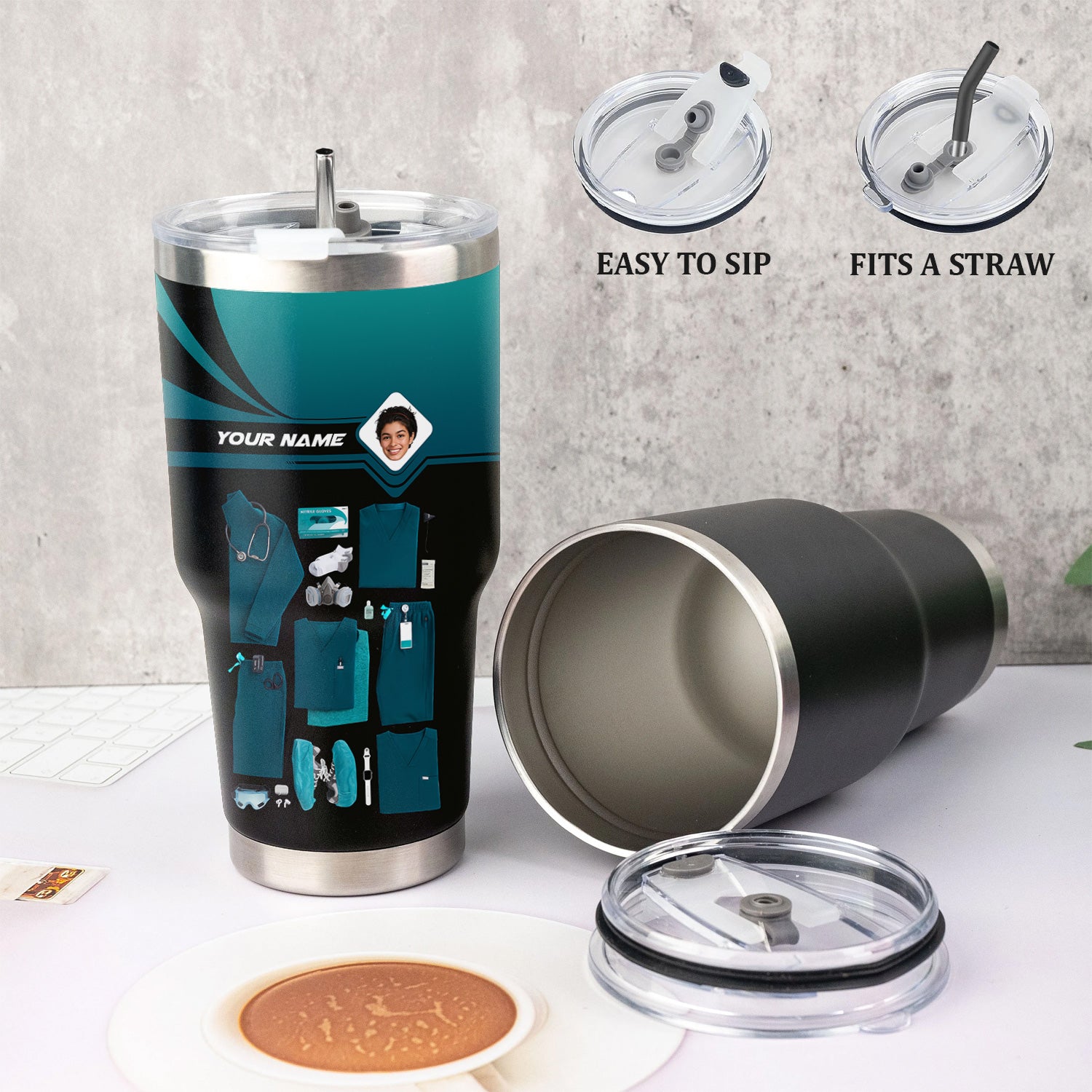 Personalized Nurse Tumbler with Scrubs & Tools - Custom Photo & Name - Gift for Healthcare Workers, RN, LPN - Multiple Scrub Colors Available