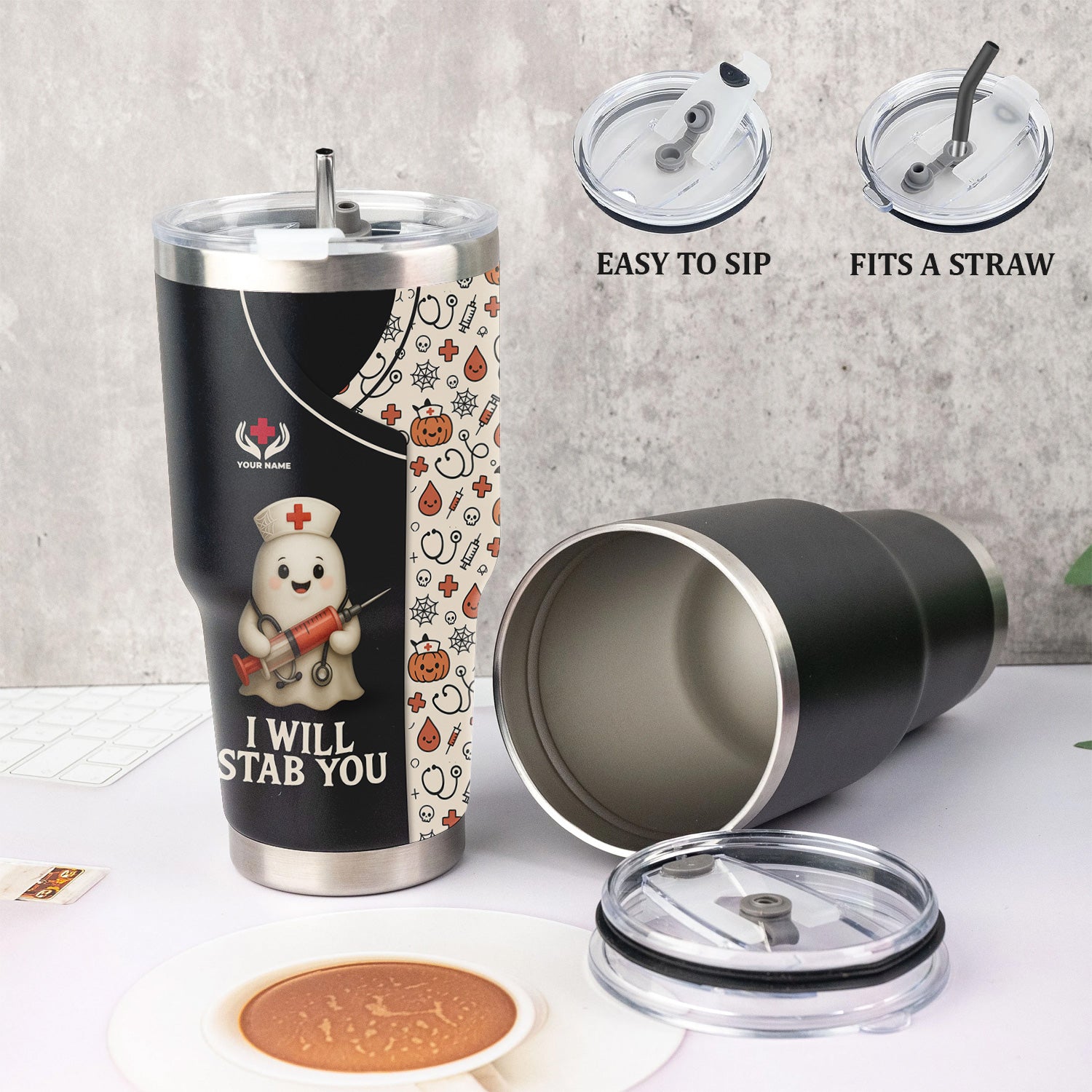 Funny Personalized Halloween Nurse Tumbler - I Will Stab You Quote with Syringe - Custom Name Gift for  RN LPN CNA Healthcare Workers