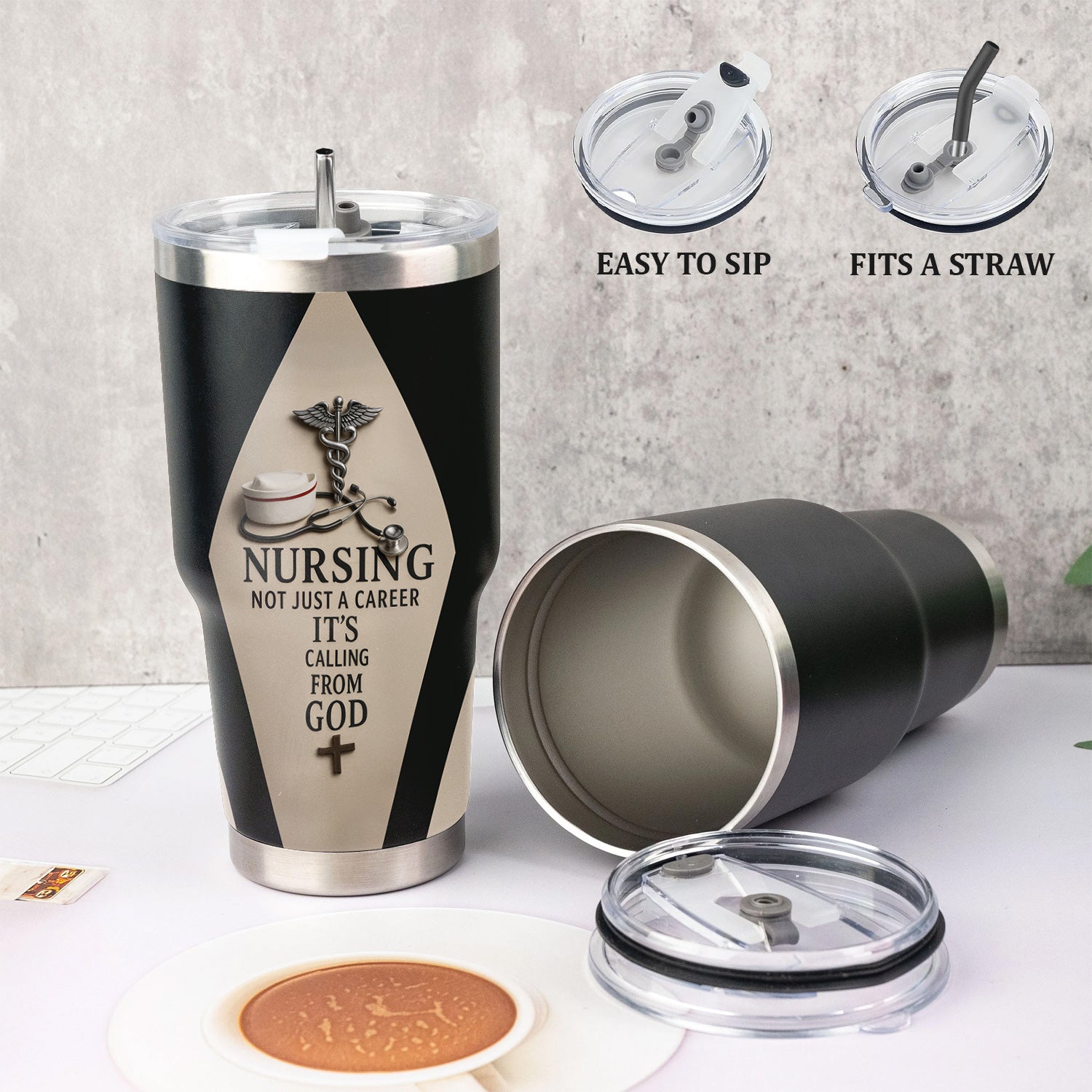 Personalized Nurse Tumbler - Stethoscope & Cross Design - Inspirational Gift for RN CNA LPN Healthcare Workers
