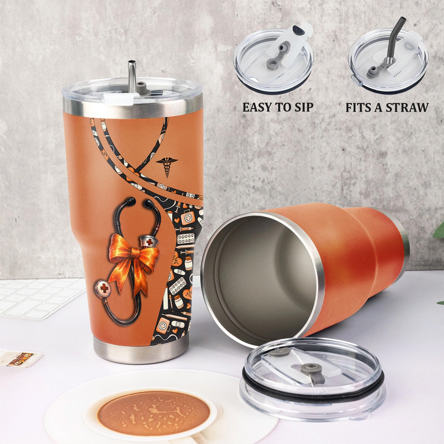 Personalized Halloween Tumbler for Nurses - Medical Costume with Stethoscope Bow Design - RN LPN CNA Medical Gift